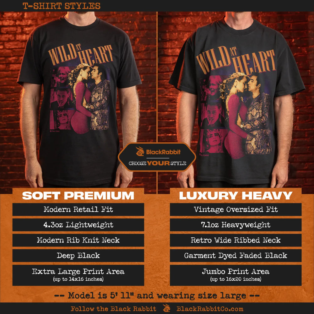 Two men modeling different styles of a black t-shirt with a ’Wild at Heart’ graphic print.