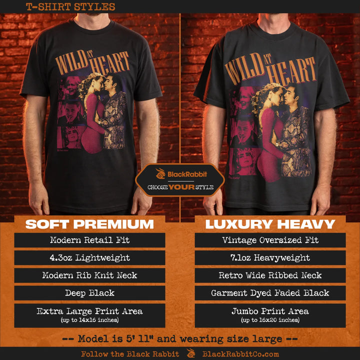 Two men modeling different styles of a black t-shirt with a ’Wild at Heart’ graphic print.