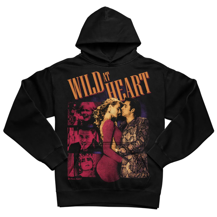 Black ’wild at heart’ hoodie with graphic design of two figures and text in orange.