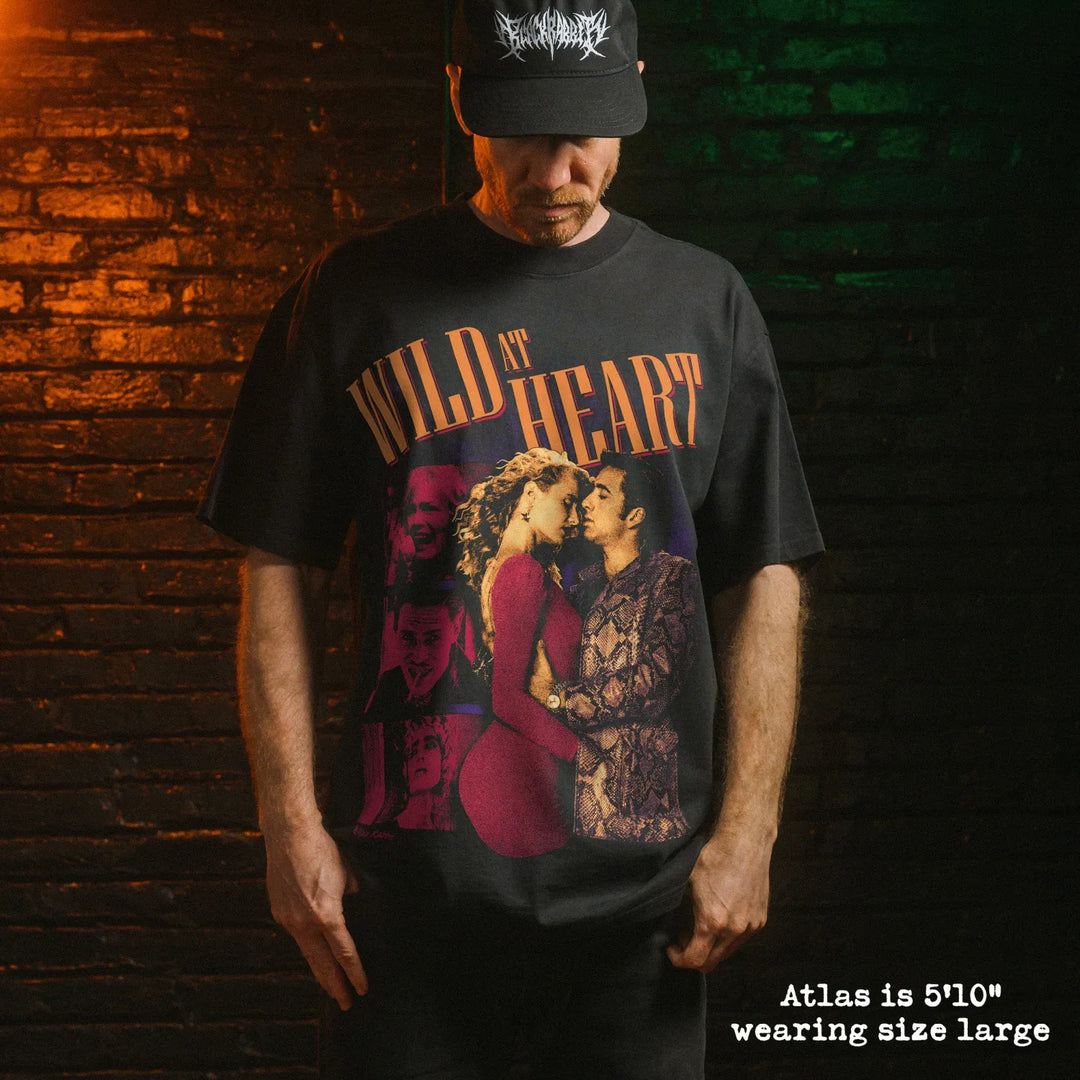 Model wearing heavy tee with wild at heart graphic 