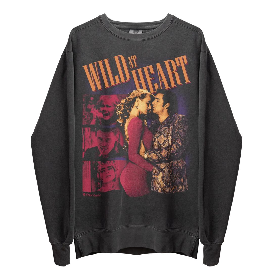 Dark gray long-sleeve sweatshirt with a ’Wild at Heart’ graphic print.