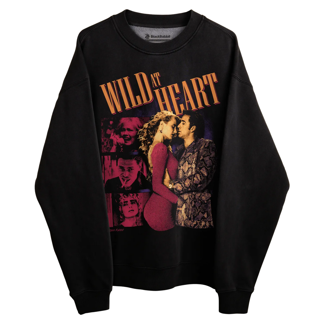 Black ’wild at heart’ sweatshirt with graphic design featuring characters from the movie.