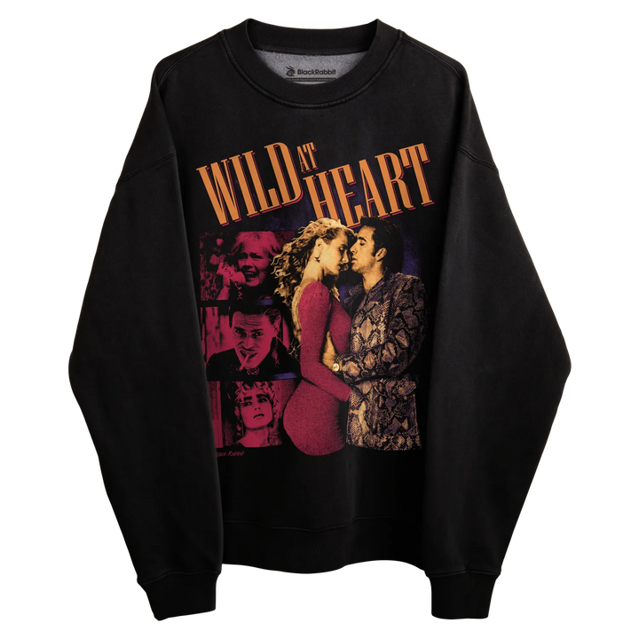 Black ’wild at heart’ sweatshirt with graphic design featuring characters from the movie.