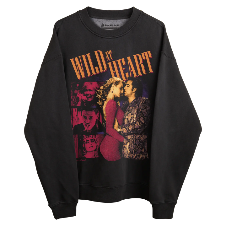 Black sweatshirt with ’wild at heart’ graphic design featuring characters from the movie.