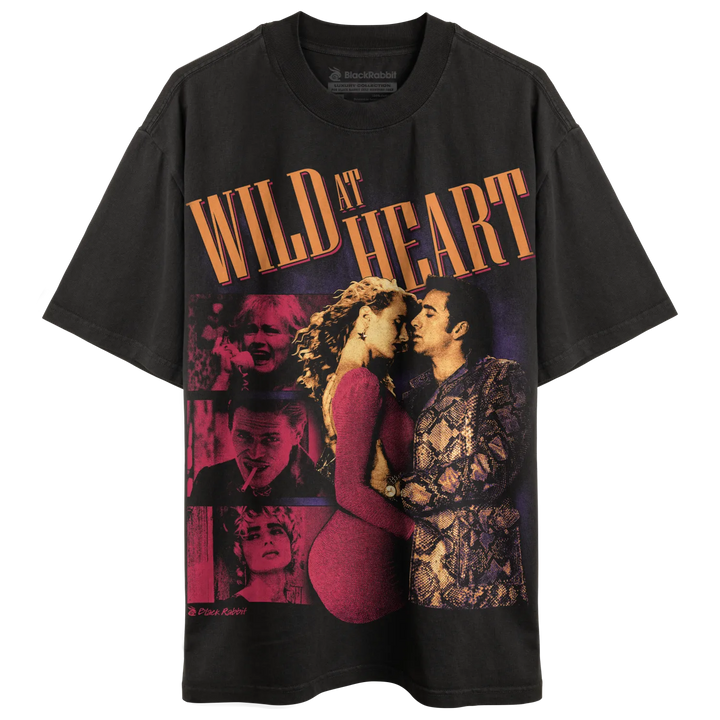 Black short-sleeve crewneck t-shirt with a ’Wild at Heart’ movie poster graphic.
