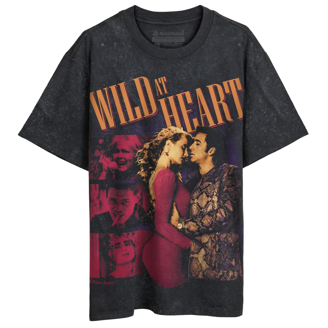 Dark grey t-shirt with a graphic of a couple and other figures, and the words ’WILD AT HEART’ in orange.