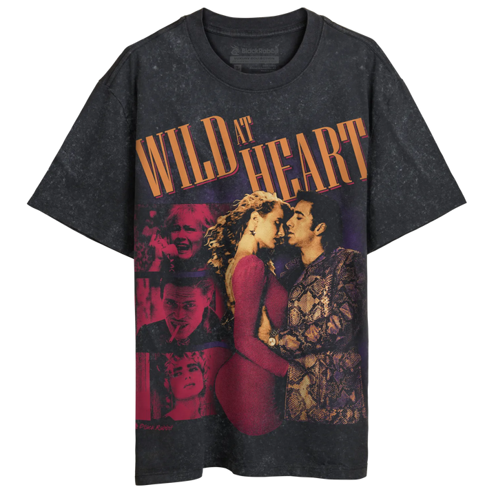 Dark grey t-shirt with a graphic of a couple and other figures, and the words ’WILD AT HEART’ in orange.
