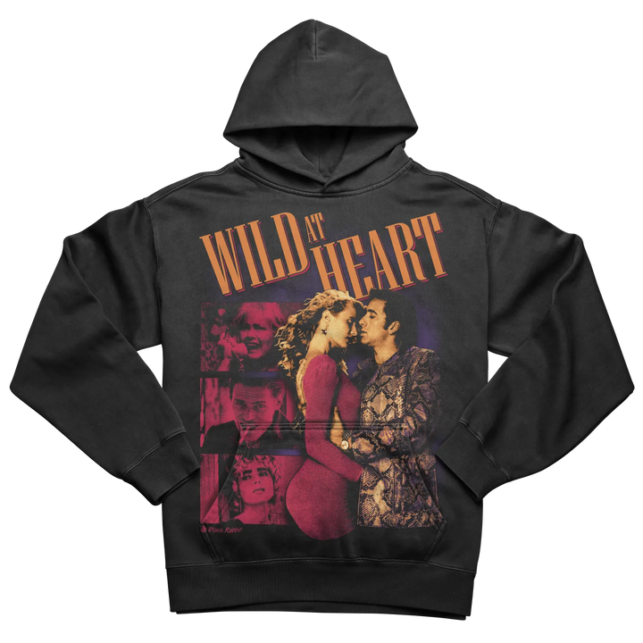 Black hooded sweatshirt with a graphic print featuring a couple embracing and the words ’WILD AT HEART’.