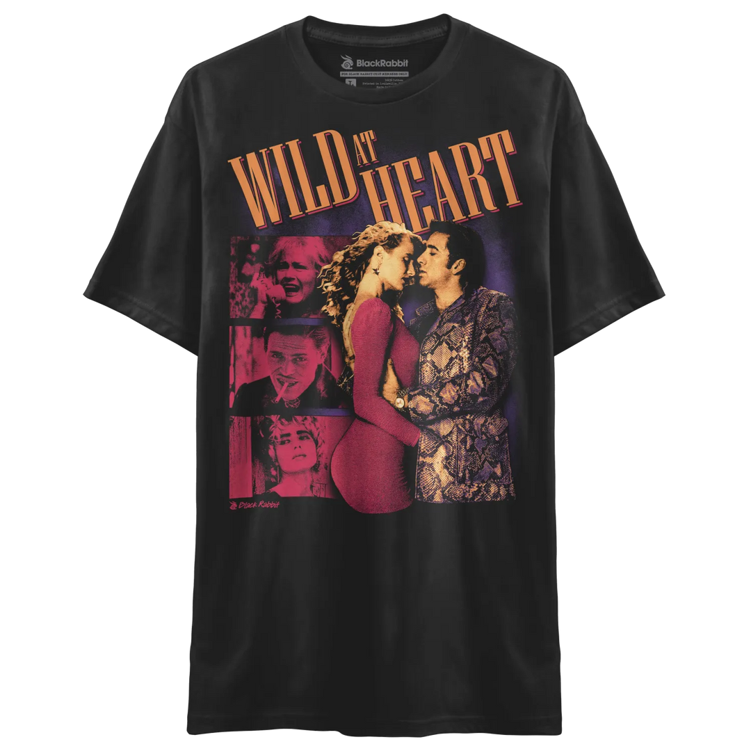 Black t-shirt with a ’Wild at Heart’ movie poster graphic.