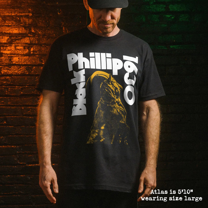 Male model wearing black premium tee with black phillip graphic 