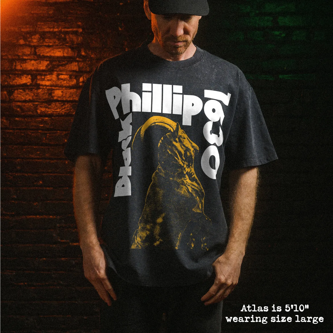 Male model wearing stone wash heavy tee with black phillip graphic 