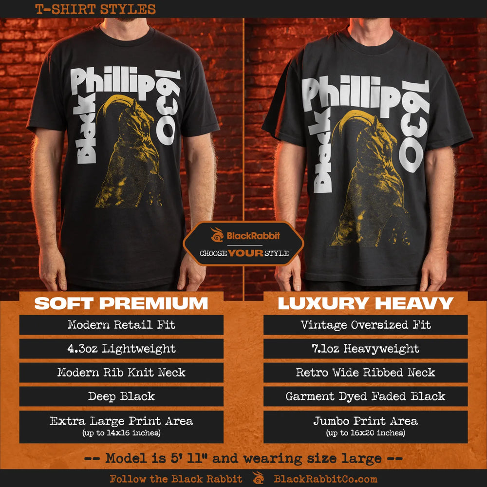 Comparison of two black t-shirt styles with a graphic design.
