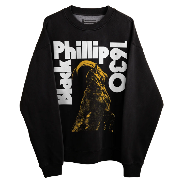 Black sweatshirt with ’black phillip 1630’’ text and yellow graphic design.