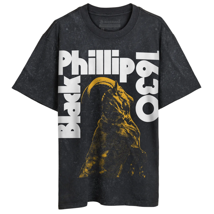 Distressed dark grey t-shirt with a graphic of a horned figure and ’Black Phillip 1630’’ text.