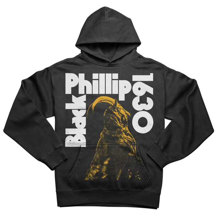 Black hooded sweatshirt with a graphic of a horned creature and text.