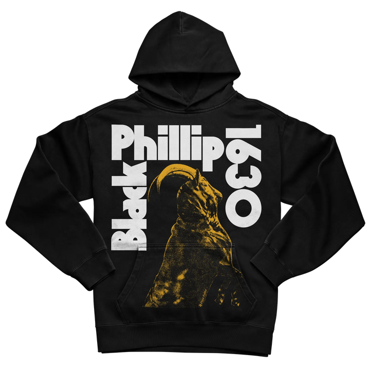 Black hoodie with ’black phillip 1630’’ graphic design, hooded sweatshirt material.