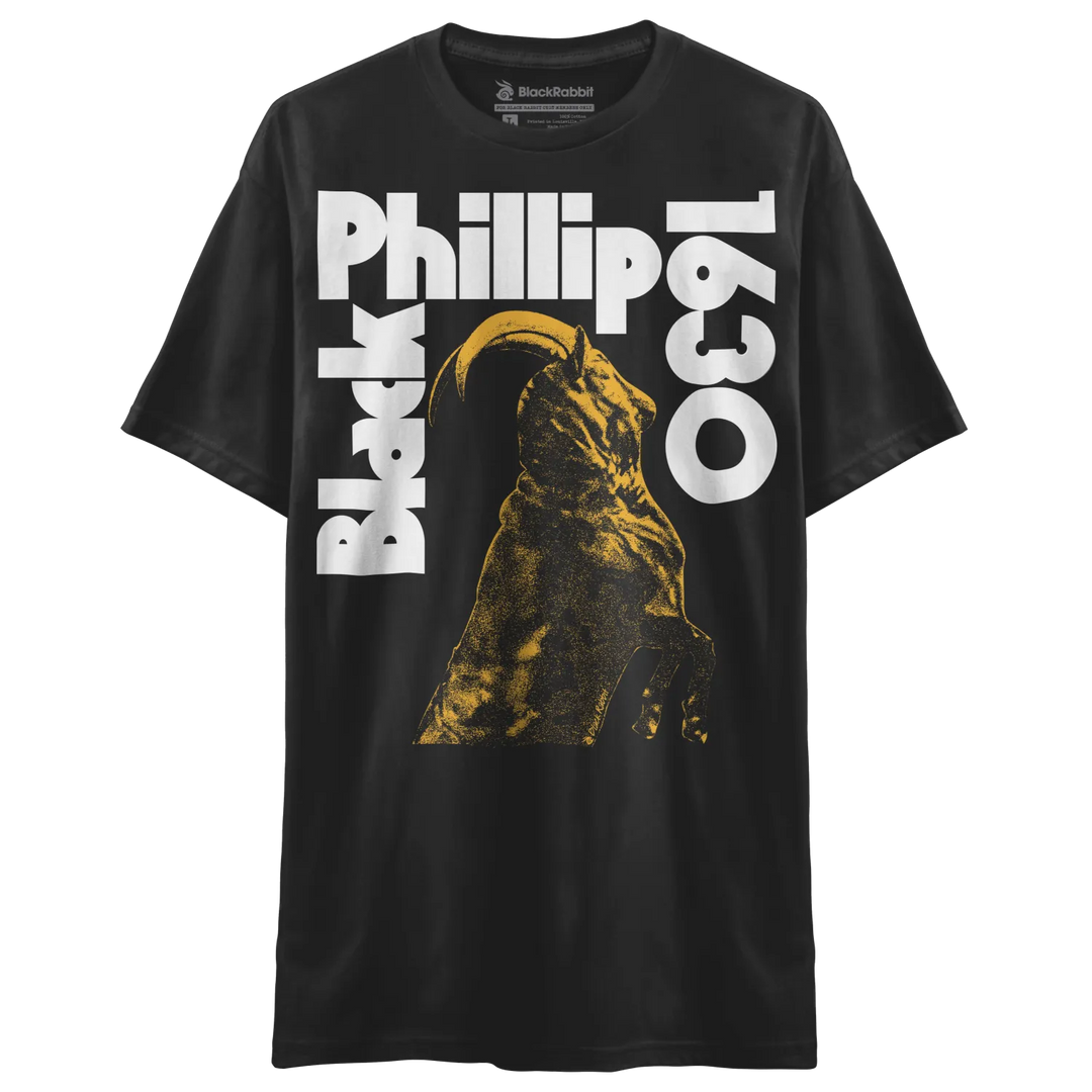 Black t-shirt with a stylized goat graphic and white text.