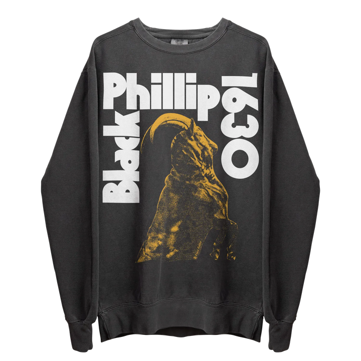 Dark gray crewneck sweatshirt with a graphic print of a figure with horns and text.