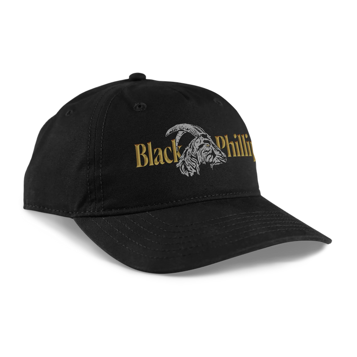 Black baseball cap with embroidered ’black phillip’ logo in gold and white thread.