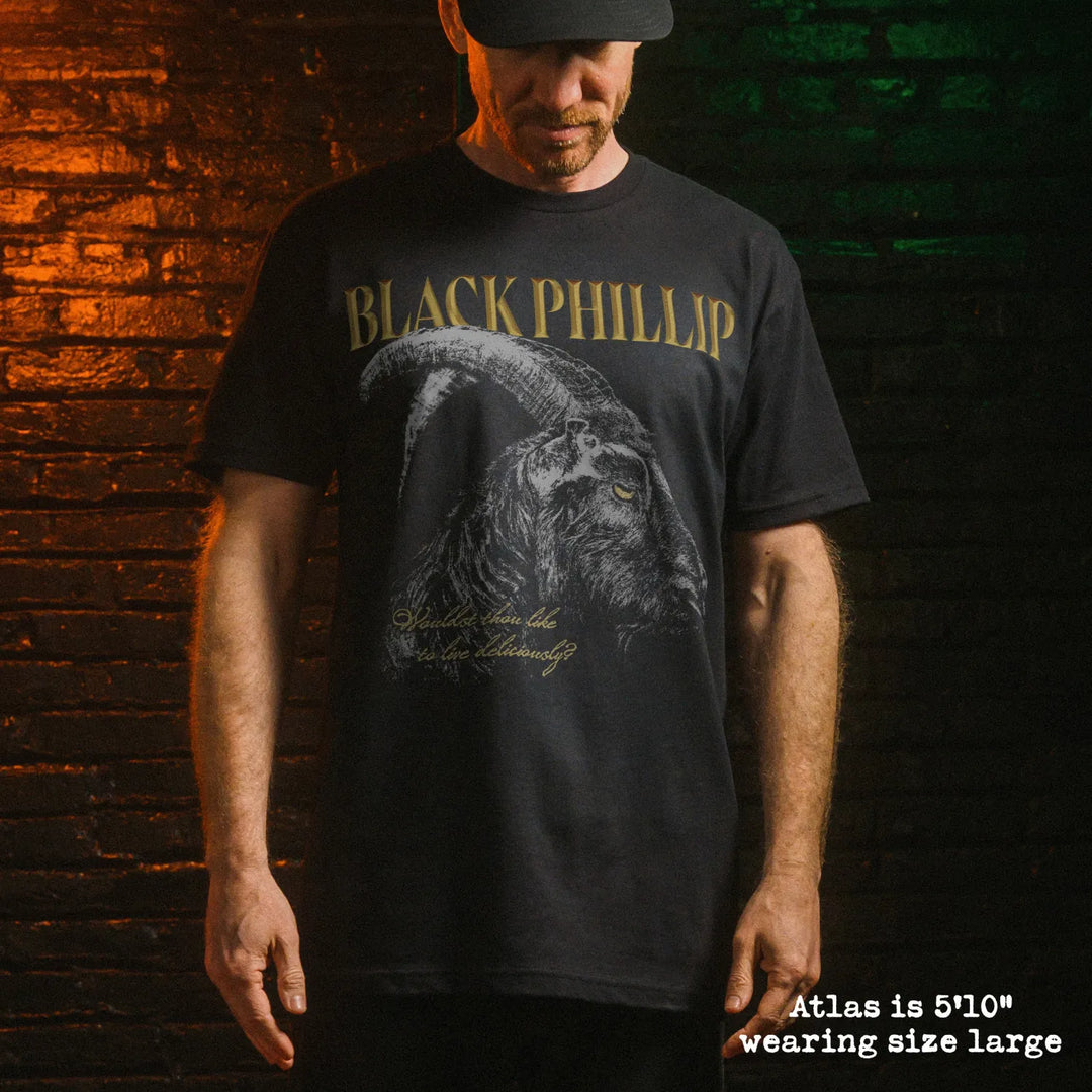 Male model wearing black premium tee with black phillip graphic 