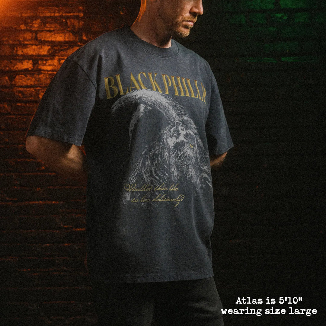 Male model wearing stone washed heavy tee with black phillip graphic 