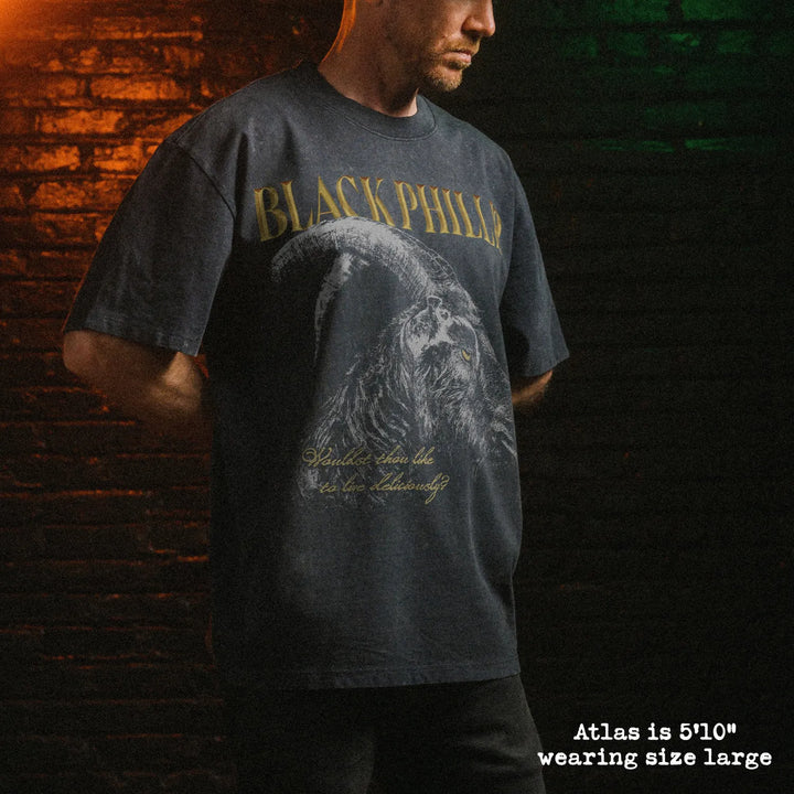 Male model wearing stone washed heavy tee with black phillip graphic 