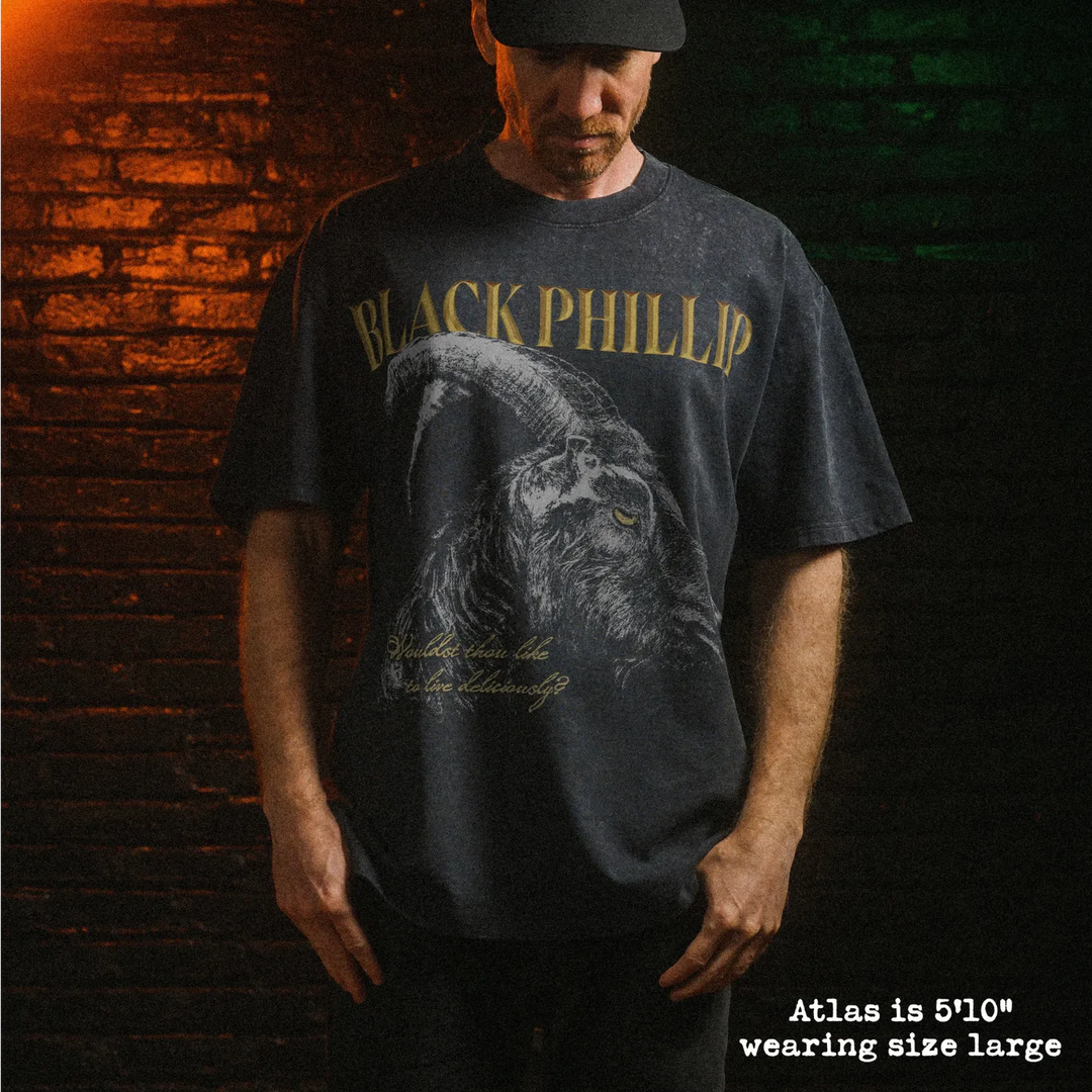 Male model wearing stone washed heavy tee with black phillip graphic 