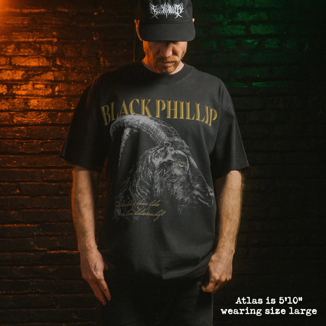 Model wearing faded black heavy tee with black phillip graphic 