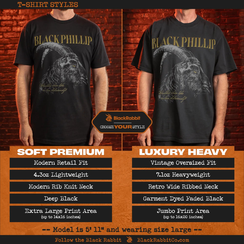 Two men modeling different styles of a black t-shirt with a goat graphic and ’BLACK PHILLIP’ text.