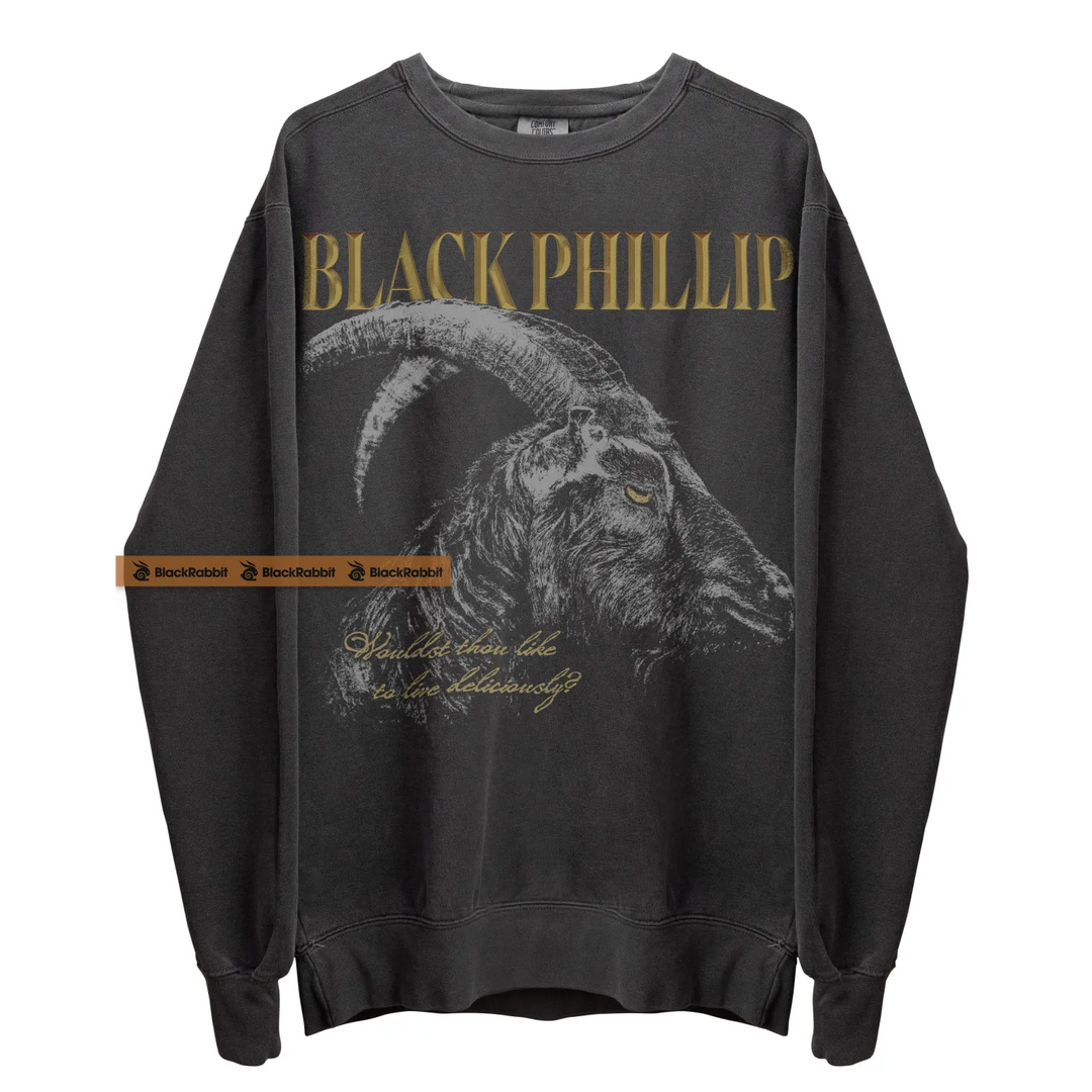 Black sweatshirt with goat graphic.