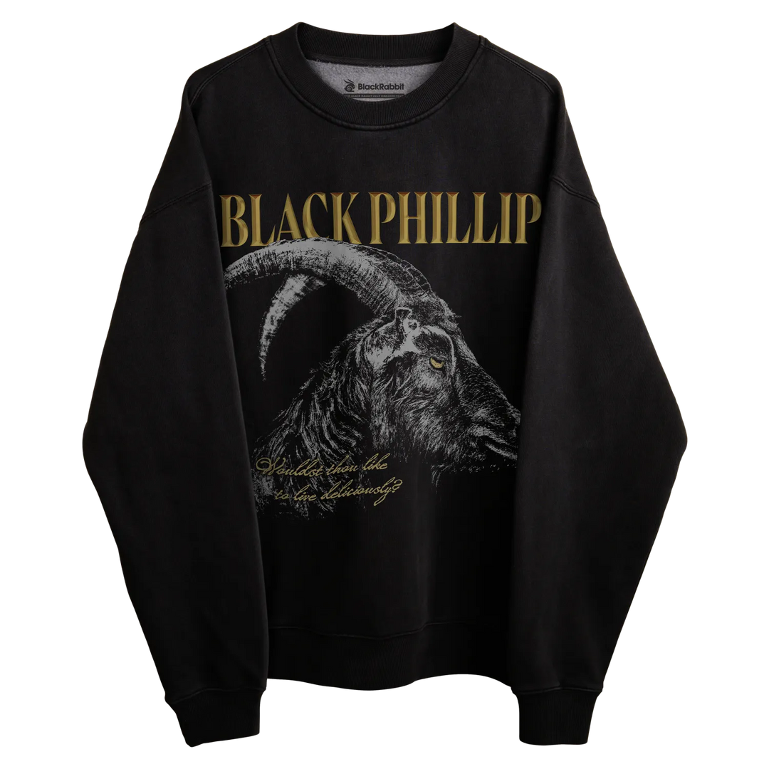 Black sweatshirt with gold ’black phillip’ text and goat graphic design.
