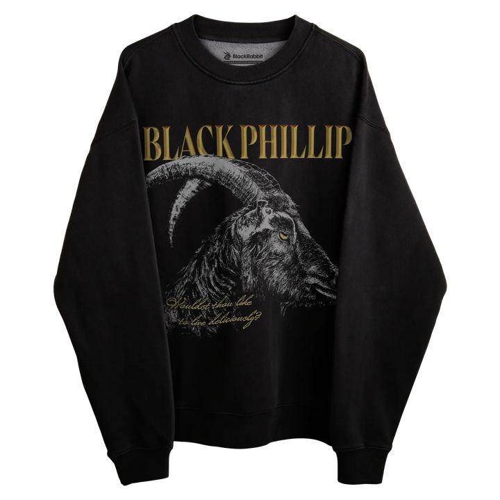Black sweatshirt with gold ’black phillip’ text and goat graphic design.