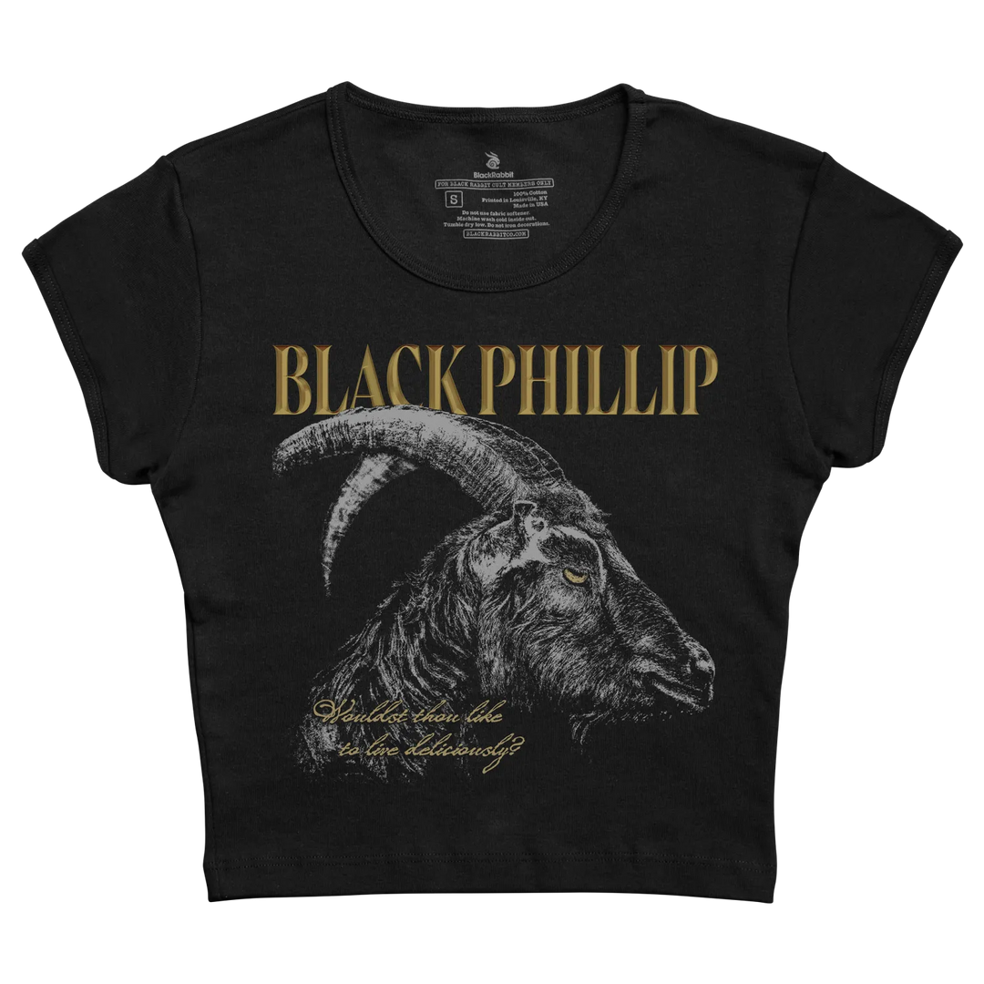 Black phillip band t-shirt featuring a detailed black and white goat head graphic with gold lettering.