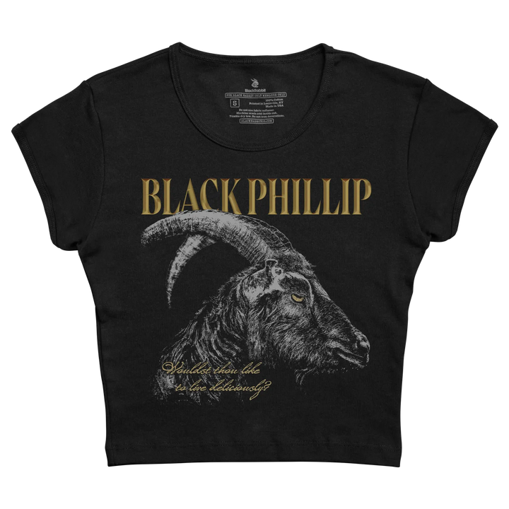 Black phillip band t-shirt featuring a detailed black and white goat head graphic with gold lettering.