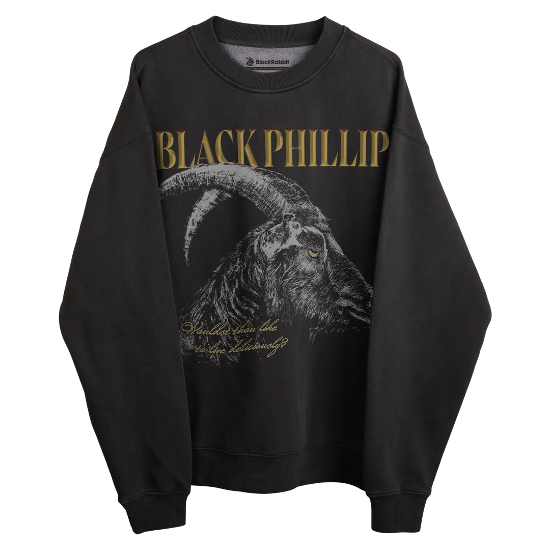 Charcoal sweatshirt with black phillip design and gold text.