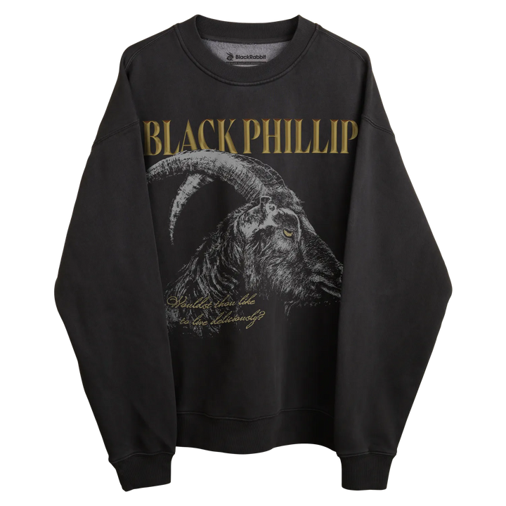 Charcoal sweatshirt with black phillip design and gold text.