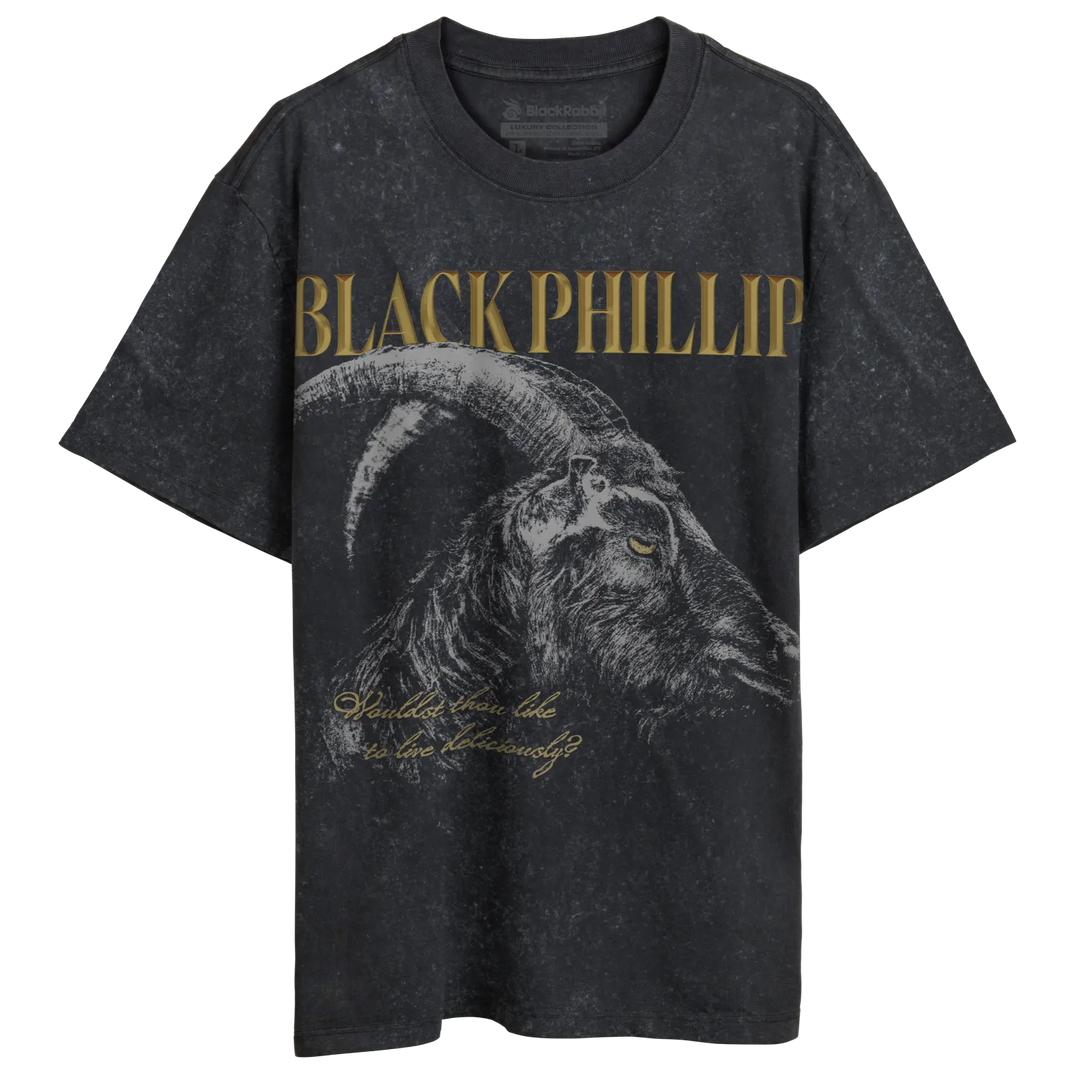 Distressed black t-shirt with a horned goat graphic.