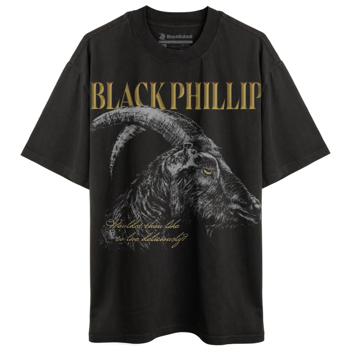 Black T-shirt with a detailed illustration of a goat and gold text.