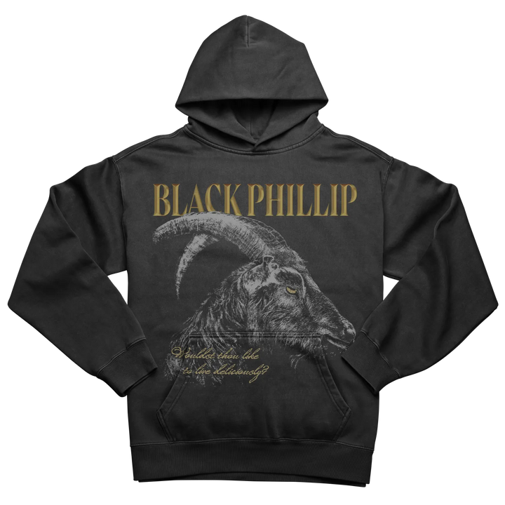 A black hooded sweatshirt with a graphic of a horned goat and the text ’BLACK PHILLIP’ in gold.