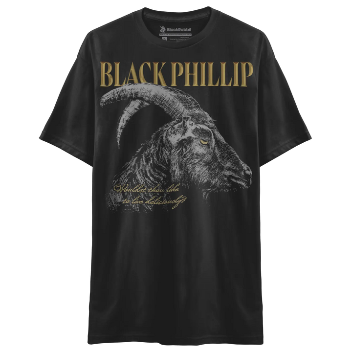 Black t-shirt with a goat graphic and ’Black Phillip’ in gold text.