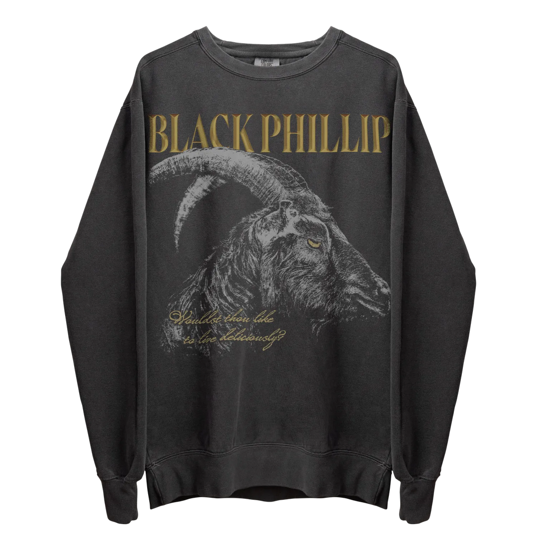 Dark gray long-sleeve crewneck sweatshirt with a goat graphic.