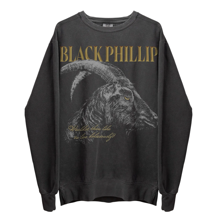 Dark gray long-sleeve crewneck sweatshirt with a goat graphic.