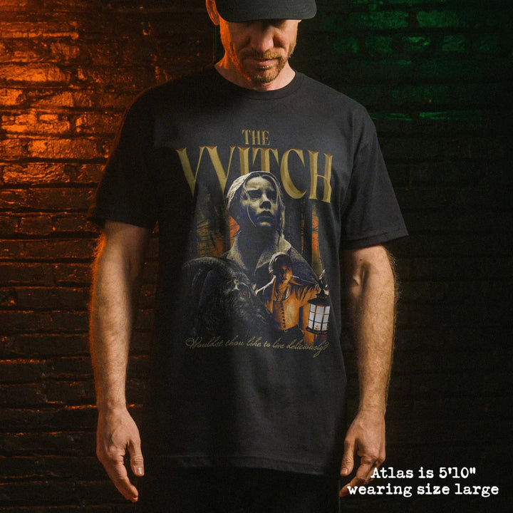 Male model wear soft premium tee with the witch graphic
