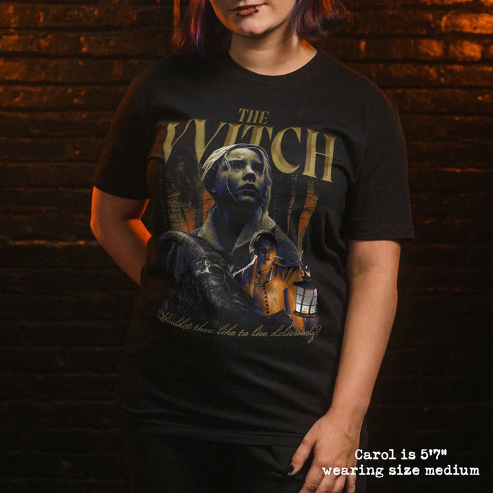 model wear soft premium tee with the witch graphic

