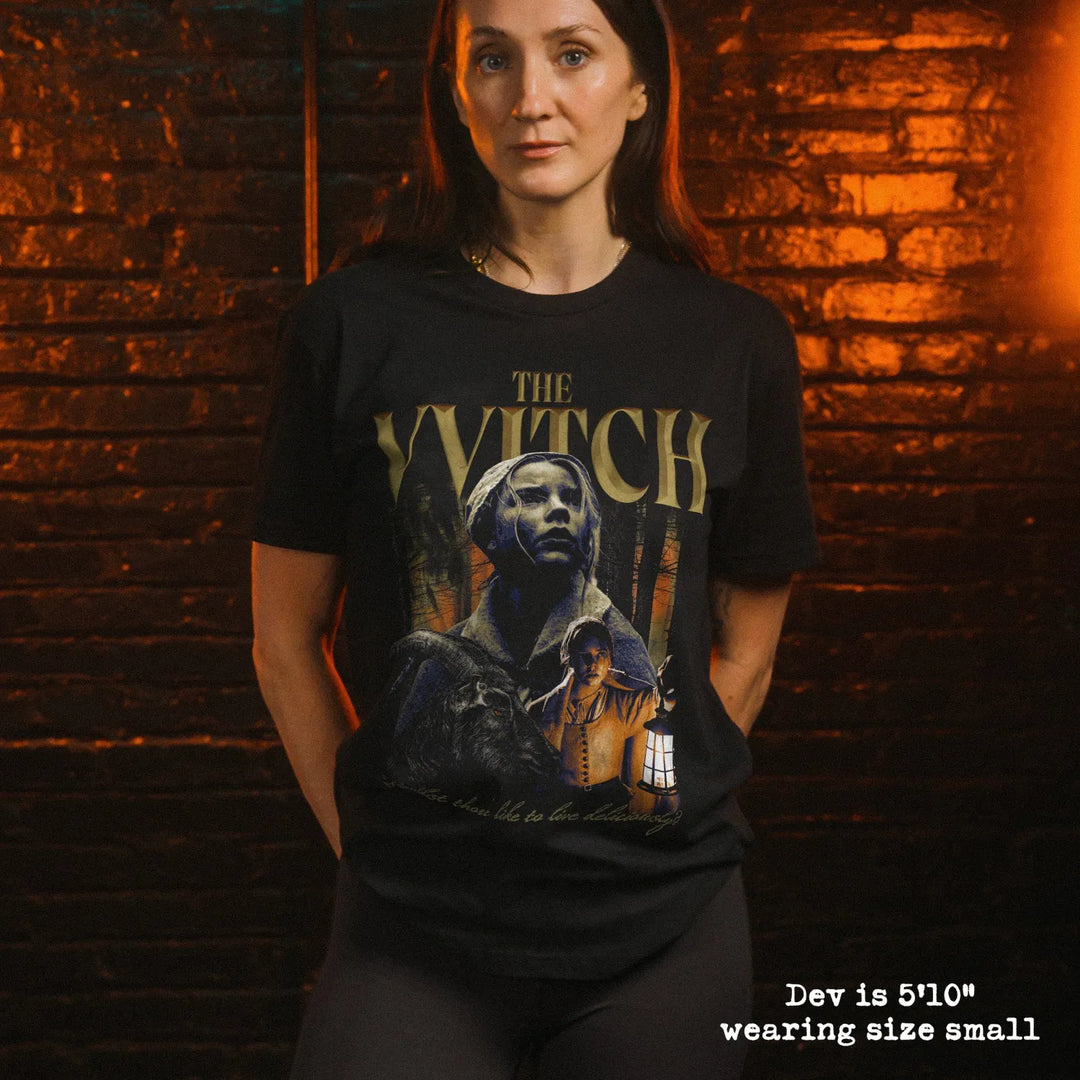 model wear soft premium tee with the witch graphic
