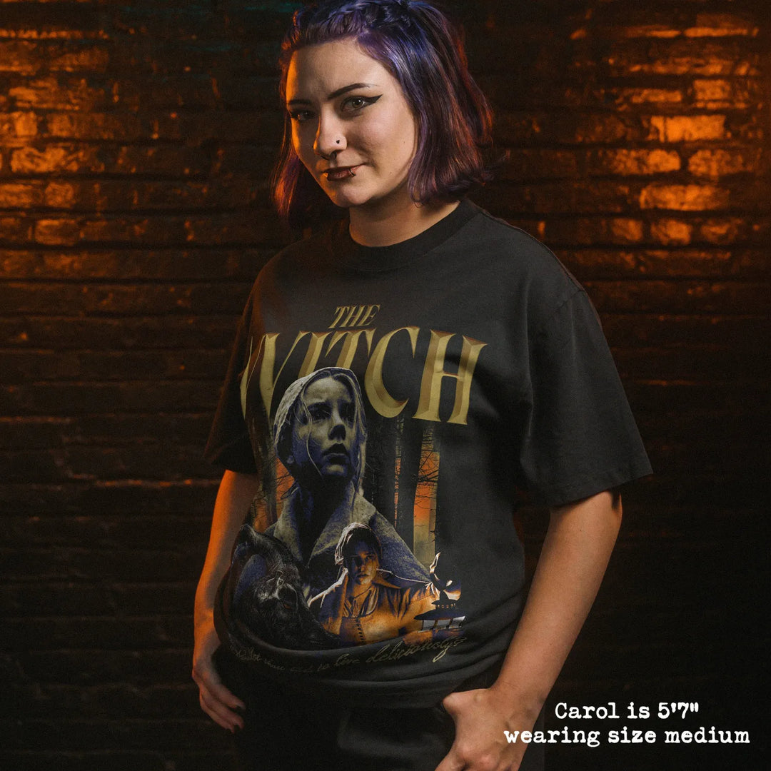 Model wearing heavy tee with the witch graphic 