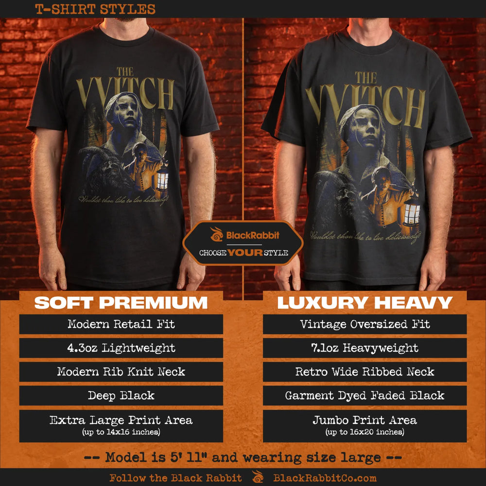 Two black graphic t-shirts of different styles.