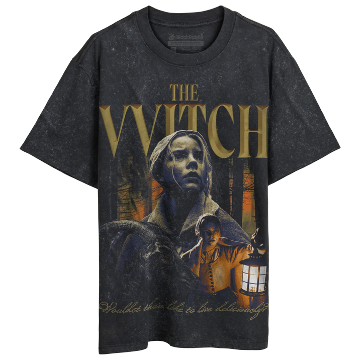 Distressed black t-shirt with ’The Witch’ movie graphic.