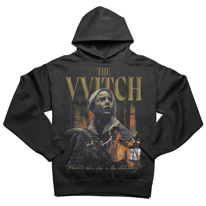 Black hooded sweatshirt with ’The Witch’ movie art.