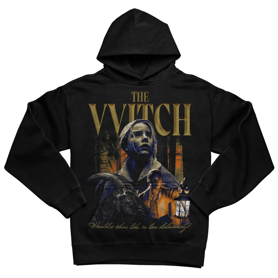 Black hoodie with ’the witch’ graphic and text design.